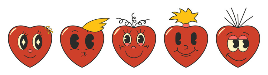 Groovy hippie love set. Heart funny cartoon character different eyes, hairstyle. Happy valentine's day concept. Retro 60s 70s style emoji. Y2K aesthetic. Romantic mascot. flat Vector illustration.