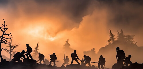 Battle scene. Military silhouettes fighting scene on war fog sky background. Plastic toy soldiers with guns take prisoner the enemy soldiers. - obrazy, fototapety, plakaty