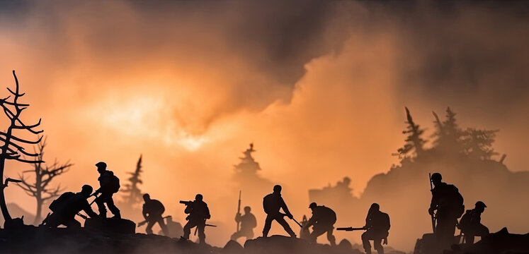 Battle scene. Military silhouettes fighting scene on war fog sky background. Plastic toy soldiers with guns take prisoner the enemy soldiers.