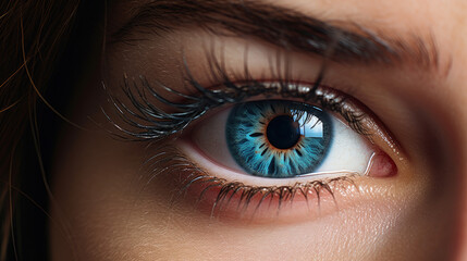 Young woman with striking blue eyes in close-up.