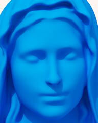 Blue Virgin Mary face white background religious statue close up saint Maria traditional icon 3d illustration render digital rendering