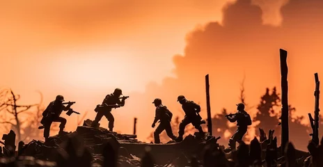 Foto op Plexiglas Battle scene. Military silhouettes fighting scene on war fog sky background. Plastic toy soldiers with guns take prisoner the enemy soldiers. © Sasint