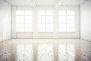 White empty room with large windows and wooden floor.