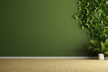 Empty room with green wall, wood floor and plant.