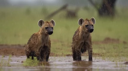 Foto op Canvas Hyena cubs playing in the rain real photo Ai generated art © Biplob