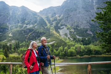 Active elderly couple hiking together in autumn mountains, on senior-friendly trail. Walking by...