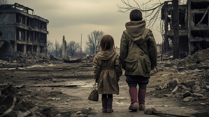 Children without a home, apocalypse, war - obrazy, fototapety, plakaty