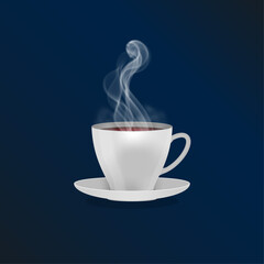 Vector Realistic Steaming Coffee Cup with Dark Blue Gradient Background