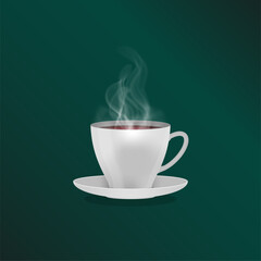Realistic Vector Steaming Coffee Cup with Dark Green Gradient Background
