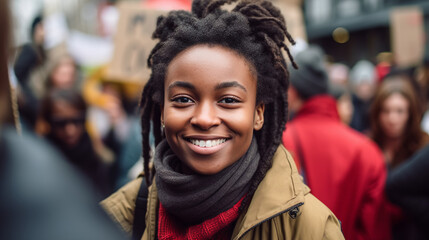 a young activist holding a sign during a peaceful protest, their determined smile reflecting their passion for change as they stand in the midst of a crowd with shared purpose. 