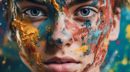 a teenager with a canvas, their face a mix of determination and creativity as they paint a vivid artwork. They wear an old paint-splattered shirt, a testament to their artistic passion