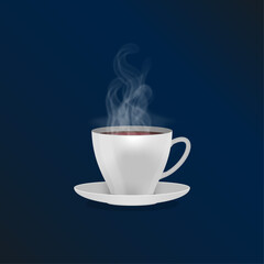 Vector Realistic Steaming Coffee Cup with Dark Blue Gradient Background