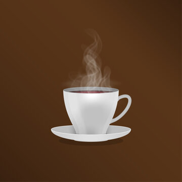 Realistic Vector Steaming Coffee Cup with Dark Brown Gradient Background