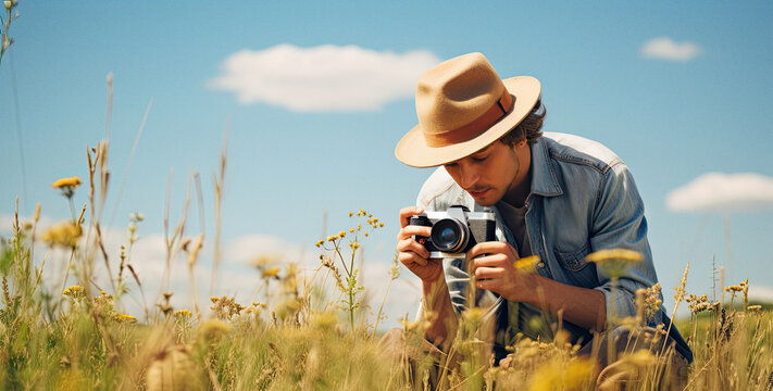 Man taking picture with vintage camera on a field