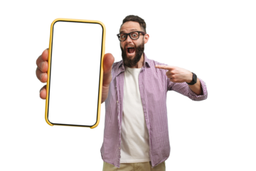 Young crazy bearded charismatic hipster showing big empty white smartphone screen for copy space and advertising area. Mobile App Advertisement. Display Mock Up