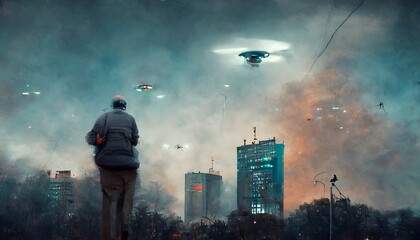 man escaping through the city surveillance cameras and drones besiege the city in an alien invasion realistic photo full of details  - obrazy, fototapety, plakaty