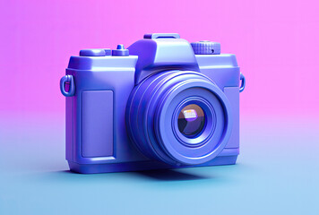 Retro camera in blue and purple neon colours on bright background