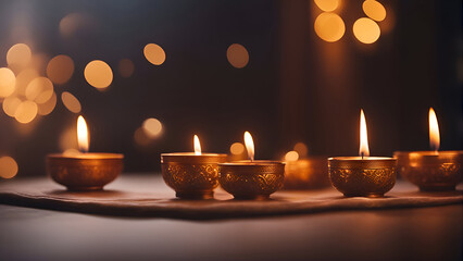 Obraz na płótnie Canvas Burning diya lamps on dark background. Diwali celebration