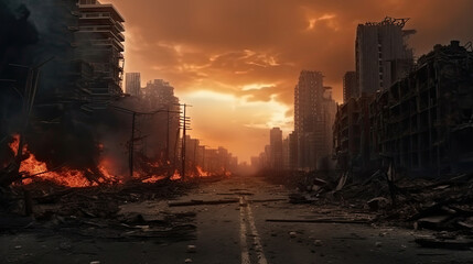 Empty street of burnt up city. Apocalyptic view of city downtown as disaster film poster concept. City destroyed by war