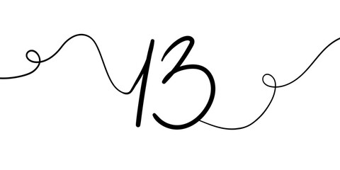 Number 13 line art drawing on white background. 13th birthday continuous drawing contour. Minimal vector illustration