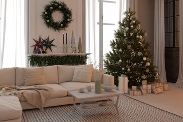 New year tree in scandinavian style interior with christmas decoration. 3D Render