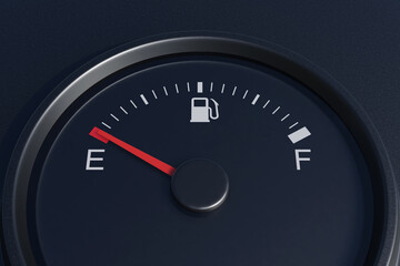 Fuel gauge pointing at empty reading. Illustration of the concept of empty oil tank