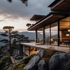Architectural Photography, ExteriorScene in a house located in a mountain top created with Generative Ai