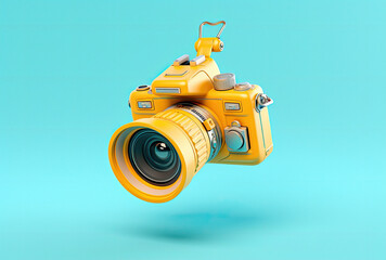 Retro camera in blue and yellow bright colours
