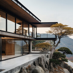 Fototapeta premium Architectural Photography, ExteriorScene in a house located in a mountain top created with Generative Ai