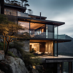 Fototapeta premium Architectural Photography, ExteriorScene in a house located in a mountain top created with Generative Ai