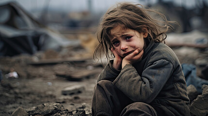 Homeless child crying for his family, Military soldiers killed her family and they destroyed their houses - obrazy, fototapety, plakaty