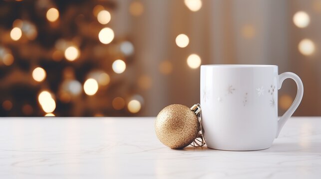 White mug on a white table with bright lights in defocus and gifts in the background. Close-up of a ceramic cup for advertising and design for New Year and Christmas.