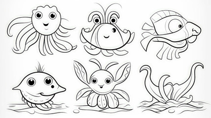 Bundle of Underwater animals for kids with simple lines.