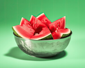 A sliced pieces of watermelon in a metal bowl isolated on a green background