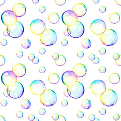 Seamless pattern of multicolored soap bubbles. Hand drawn illustration by watercolor. For decoration and design, wallpaper, wrapping paper.