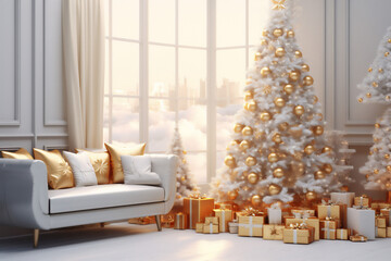 Cozy scandinavian modern living room white, gold, pastel  interior design with a Christmas tree, gifts and traditional decorations. AI Generated