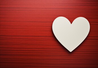 Fototapeta premium White heart on red wooden table. Top view, flat lay. Valentine's Day. Anniversary. Women's Day.