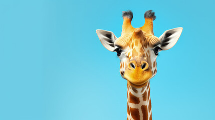 Fototapeta premium This image features a cheerful giraffe with a wide banner and copy space, set against a simple, unicolored background.Generative AI