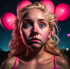 portrait of a surprised girl in pink with balloons 