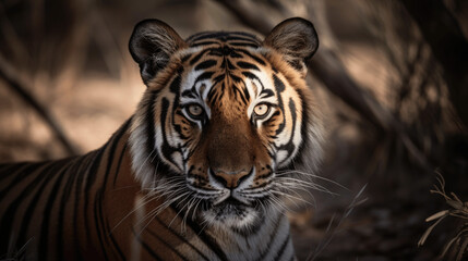 Fototapeta premium A portrait of a tiger from a front view with the animal looking directly into the camera