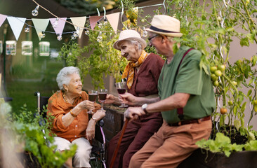 Senior friends relaxing, having glass of wine after hard work in urban garden in the city....