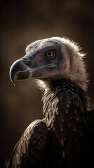 A safari closeup portrait of a vulture looking at the camera, isolated from the blurred background
