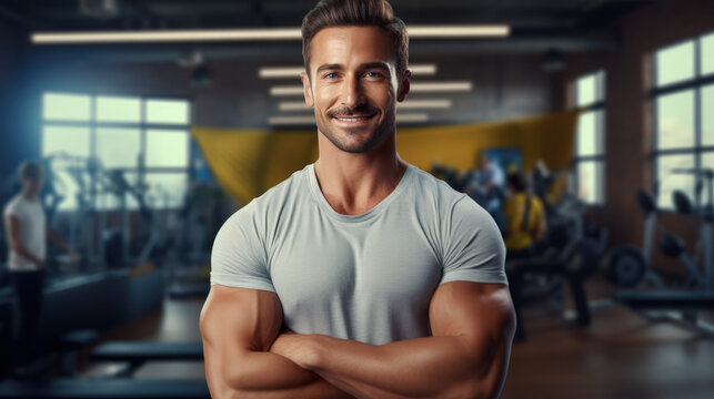 A fitness coach, in a gym setting, enthusiastically holds both thumbs up, exuding positivity and motivation, with a blurred gym background.