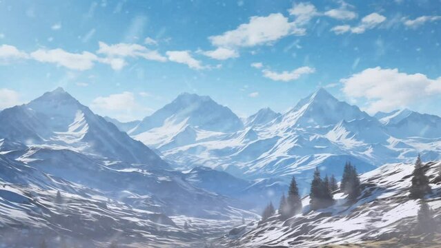 Winter snow covered mountain peaks, winter scenery, snowing animation background