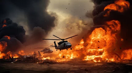Foto op Plexiglas Military forces and helicopters between fire and bombs in battle field © Sasint