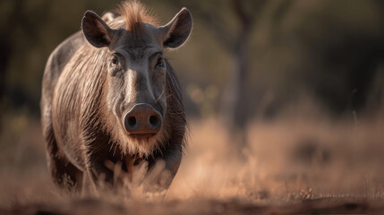 Close up photography of a Hog in Safari, isolated on a blurred forest background