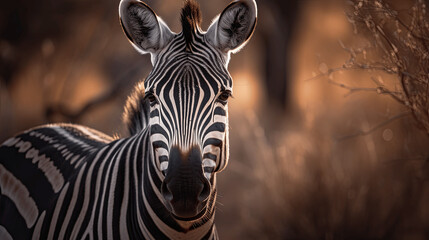 Close up photography of a Zebra in Safari, isolated on a blurred forest background