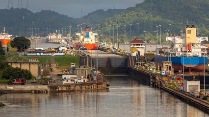 View of the Miraflores Locks. Giant locks allow huge ships to pass through the Panama Canal