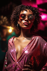 Party dressed woman wearing sunglasses and pink dressed isolated on a blurred party background