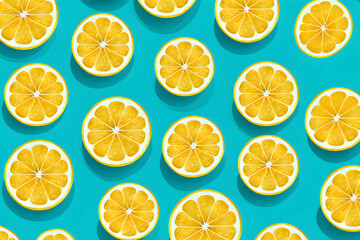 Seamless pattern with lemons on the turquoise background . Fruit minimal concept. Flat lay. - obrazy, fototapety, plakaty